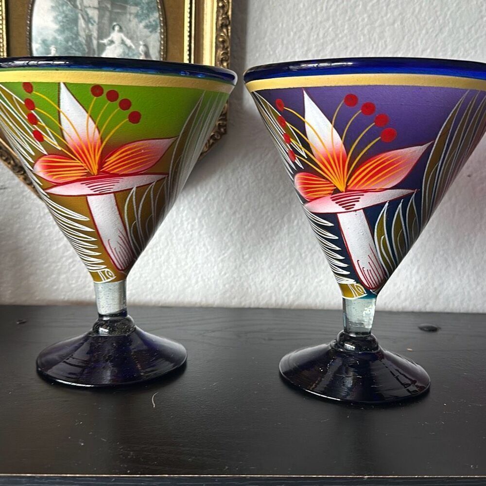 Set of two blue rim margarita cocktail made in Mexico glasses cups
